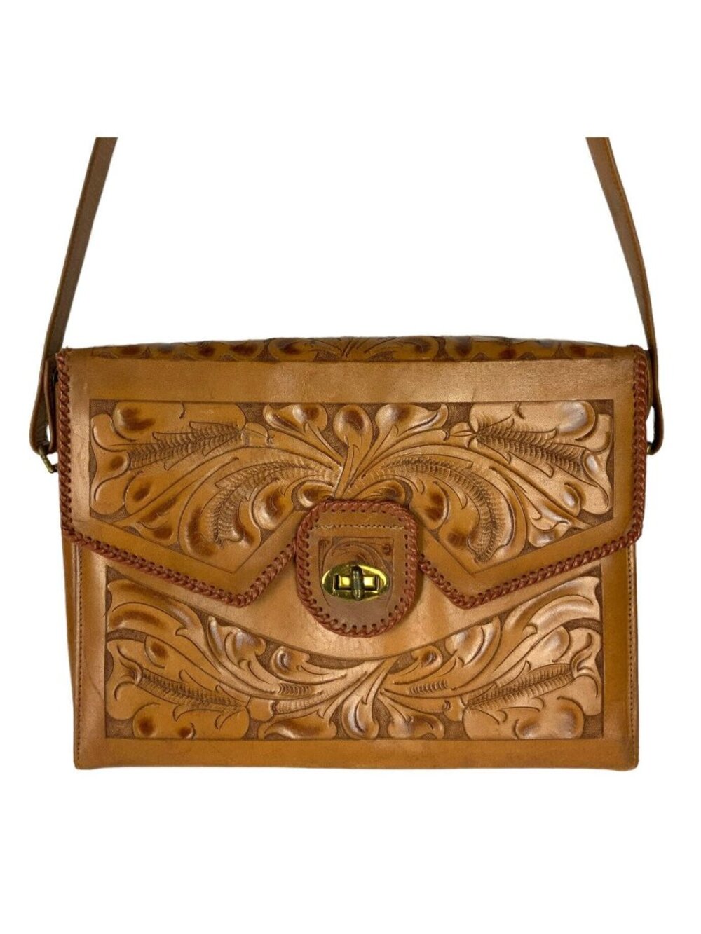 Justin Kipskin Leather Hand Tooled Shoulder Bag Purse Turnlock Western Rodeo Vtg